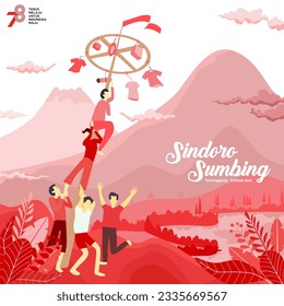 Red panjat pinang vector with Sindoro Sumbing mountain view. People celebrating Indonesian Independence day by playing climbing game. Dirgahayu RI ke 78 poster. 