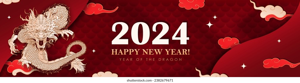 Red panoramic banner with hand drawn paper cut clouds, stars and golden Chinese dragon zodiac sign  for 2024 New Year. Layered header in asian style. Christmas craft billboard or greeting card