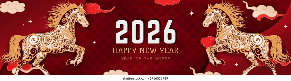 Red panoramic banner with hand drawn paper cut clouds, stars and golden ornate Horses as zodiac sign for 2026 Lunar New Year. Layered header in asian style. Christmas craft billboard or greeting card