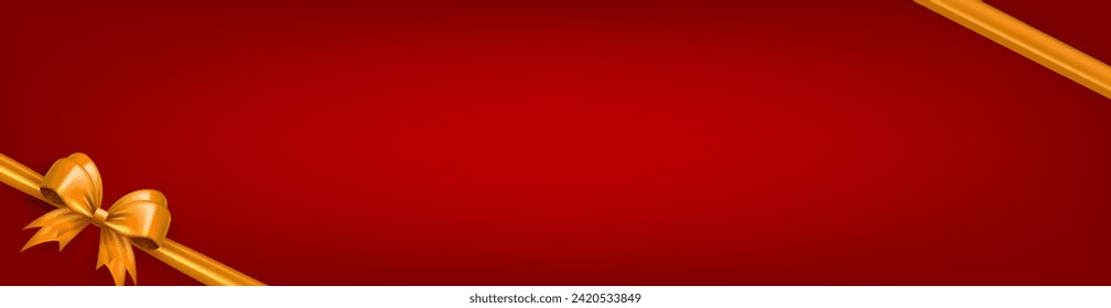 Red panoramic banner, header with golden realistic 3d bow and empty space for text. Three dimensional silk bow in the corner with ribbon as frame for greeting card or gift box for holidays celebration