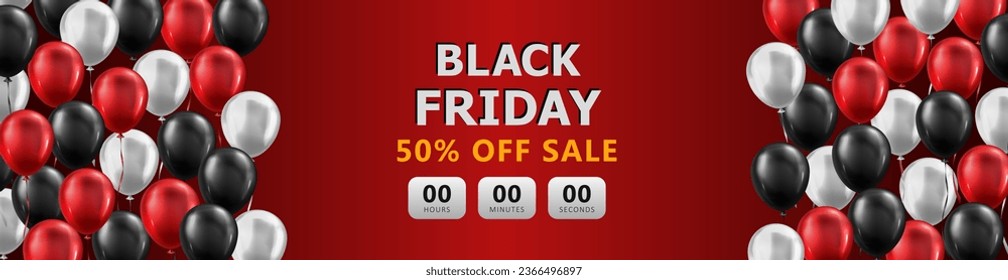 Red panoramic banner with plenty of 3d glossy balloons and sales countdown for Black Friday advertising. Header with discount timer, wide promotional poster for shopping super sale