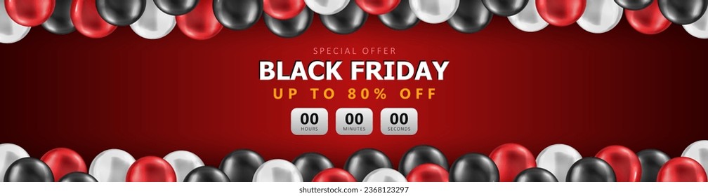 Red panoramic banner with plenty of 3d glossy balloons and sales countdown for Black Friday advertising. Header with discount timer, wide promotional poster for shopping super sale