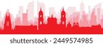 Red panoramic city skyline poster with reddish misty transparent background buildings of BOGOTA, COLOMBIA