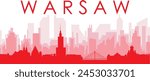 Red panoramic city skyline poster with reddish misty transparent background buildings of WARSAW, POLAND