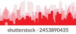 Red panoramic city skyline poster with reddish misty transparent background buildings of MUMBAI, INDIA