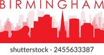 Red panoramic city skyline poster with reddish misty transparent background buildings of BIRMINGHAM, UNITED KINGDOM