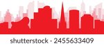 Red panoramic city skyline poster with reddish misty transparent background buildings of BIRMINGHAM, UNITED KINGDOM