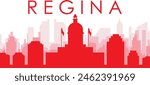 Red panoramic city skyline poster with reddish misty transparent background buildings of REGINA, CANADA