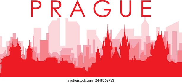 Afiche panorámico rojo del horizonte de la ciudad con los edificios rojizos brumosos transparentes del fondo de PRAGA, REPÚBLICA CHECA