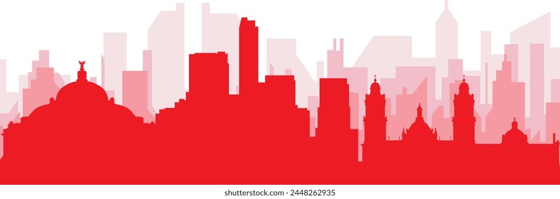 Red panoramic city skyline poster with reddish misty transparent background buildings of MEXICO CITY, MEXICO