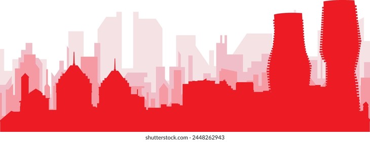 Red panoramic city skyline poster with reddish misty transparent background buildings of MISSISSAUGA, CANADA