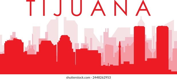 Afiche panorámico de horizonte de la ciudad rojo con edificios rojizos de fondo transparente brumoso de TIJUANA, MÉXICO