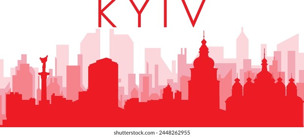 Afiche panorámico rojo del horizonte de la ciudad con los edificios rojizos y brumosos del fondo transparente de KIEV, UCRANIA