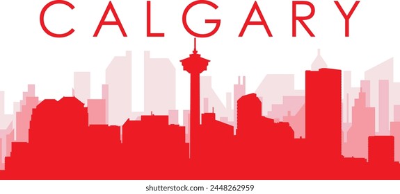 Afiche panorámico rojo del horizonte de la ciudad con los edificios rojizos brumosos transparentes del fondo de CALGARY, CANADA