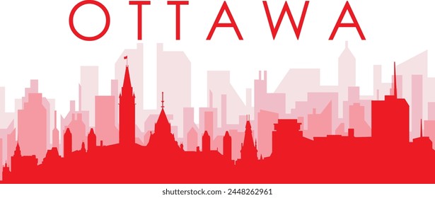 Afiche panorámico rojo del horizonte de la ciudad con los edificios rojizos brumosos transparentes del fondo de OTTAWA, CANADÁ