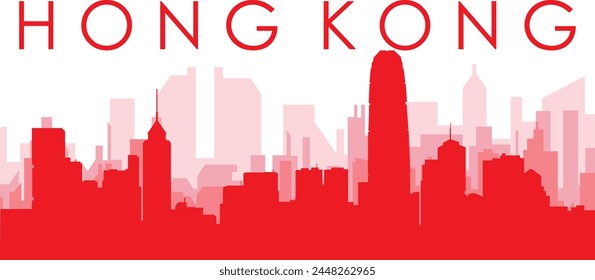 Red panoramic city skyline poster with reddish misty transparent background buildings of HONG KONG, CHINA