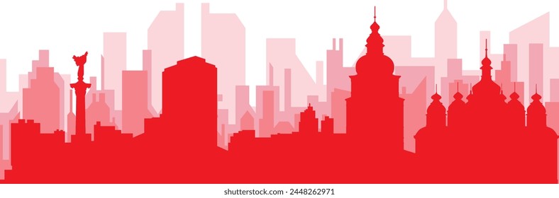 Red panoramic city skyline poster with reddish misty transparent background buildings of KYIV, UKRAINE