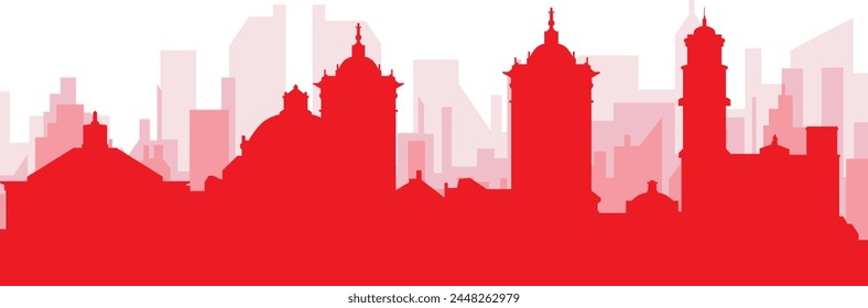 Afiche panorámico de horizonte de la ciudad rojo con edificios rojizos de fondo transparente de PUEBLA, MÉXICO