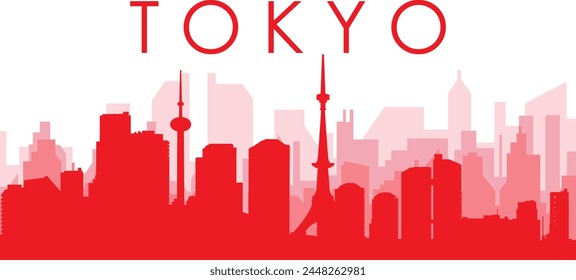 Red panoramic city skyline poster with reddish misty transparent background buildings of TOKYO, JAPAN