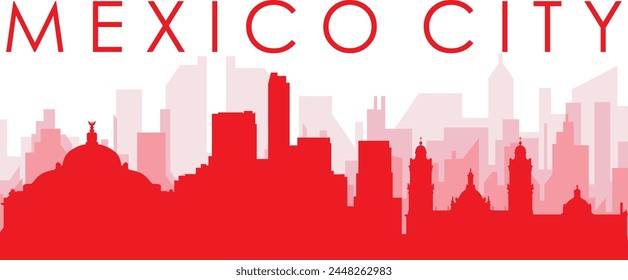 Red panoramic city skyline poster with reddish misty transparent background buildings of MEXICO CITY, MEXICO