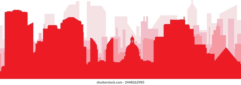 Afiche panorámico rojo del horizonte de la ciudad con los edificios rojizos brumosos transparentes del fondo de EDMONTON, CANADA