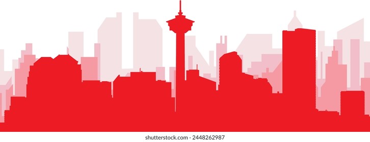 Red panoramic city skyline poster with reddish misty transparent background buildings of CALGARY, CANADA