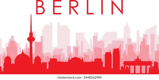 Red panoramic city skyline poster with reddish misty transparent background buildings of BERLIN, GERMANY