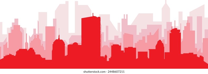 Red panoramic city skyline poster with reddish misty transparent background buildings of BOSTON, UNITED STATES