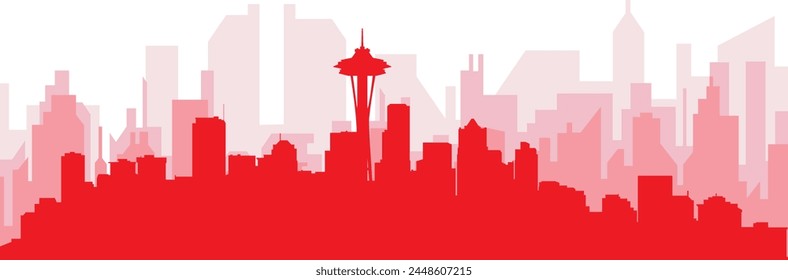 Red panoramic city skyline poster with reddish misty transparent background buildings of SEATTLE, UNITED STATES