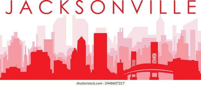 Afiche panorámico rojo del horizonte de la ciudad con los edificios rojizos brumosos transparentes del fondo de JACKSONVILLE, ESTADOS UNIDOS