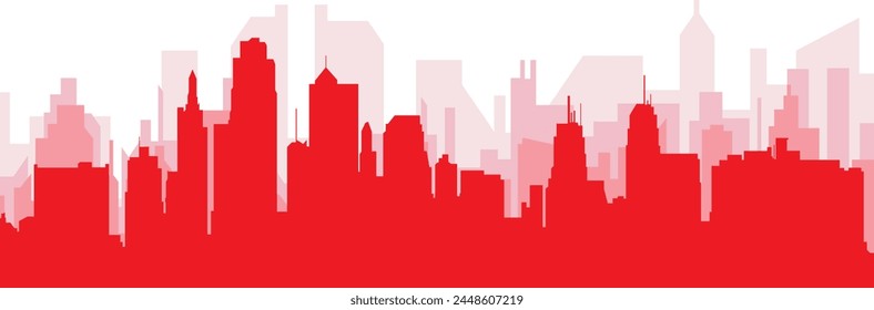 Red panoramic city skyline poster with reddish misty transparent background buildings of KANSAS CITY, UNITED STATES