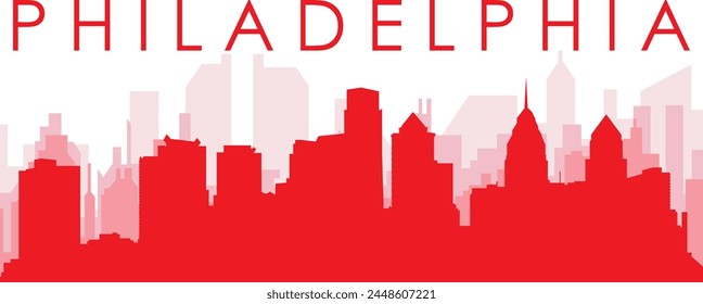 Red panoramic city skyline poster with reddish misty transparent background buildings of PHILADELPHIA, UNITED STATES