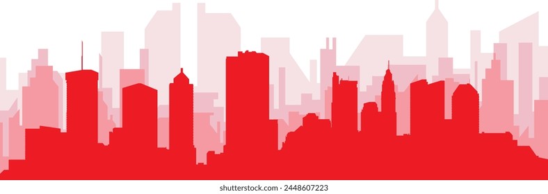 Red panoramic city skyline poster with reddish misty transparent background buildings of COLUMBUS, UNITED STATES