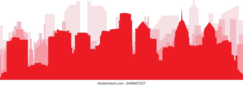 Afiche panorámico de horizonte de la ciudad rojo con edificios de fondo rojizos y brumosos transparentes de FILADELFIA, ESTADOS UNIDOS