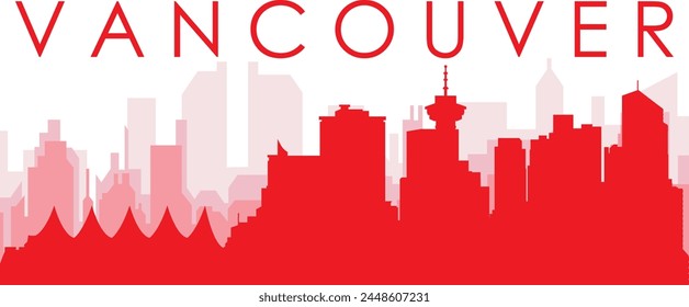 Afiche panorámico rojo del horizonte de la ciudad con los edificios rojizos brumosos transparentes del fondo de VANCOUVER, CANADA