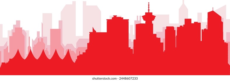 Afiche panorámico rojo del horizonte de la ciudad con los edificios rojizos brumosos transparentes del fondo de VANCOUVER, CANADA