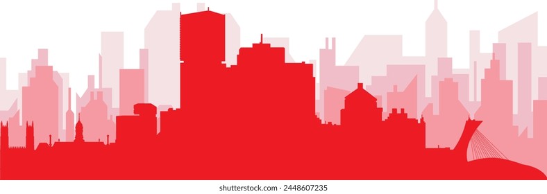 Afiche panorámico rojo del horizonte de la ciudad con los edificios rojizos brumosos transparentes del fondo de MONTREAL, CANADÁ