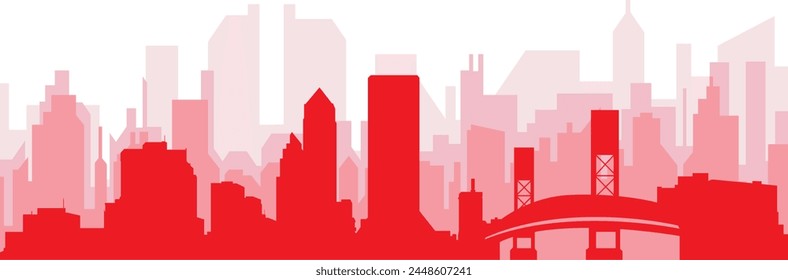 Red panoramic city skyline poster with reddish misty transparent background buildings of JACKSONVILLE, UNITED STATES