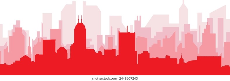 Red panoramic city skyline poster with reddish misty transparent background buildings of INDIANAPOLIS, UNITED STATES