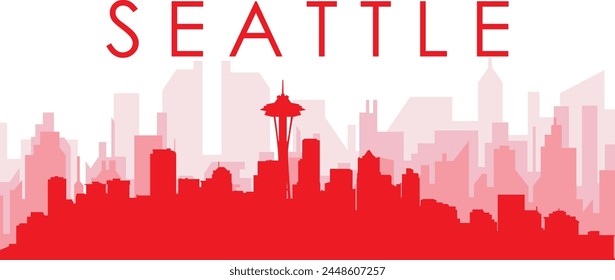 Afiche panorámico rojo del horizonte de la ciudad con los edificios rojizos brumosos transparentes del fondo de SEATTLE, ESTADOS UNIDOS