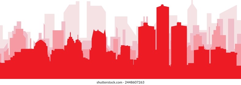 Red panoramic city skyline poster with reddish misty transparent background buildings of DETROIT, UNITED STATES