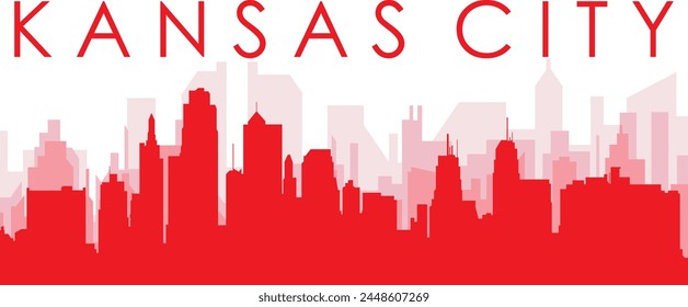 Afiche panorámico de horizonte de la ciudad rojo con edificios de fondo rojizos y brumosos transparentes de KANSAS CITY, ESTADOS UNIDOS