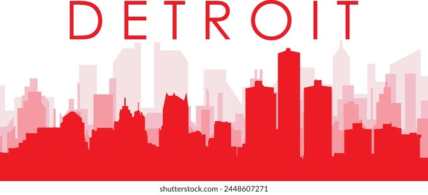 Red panoramic city skyline poster with reddish misty transparent background buildings of DETROIT, UNITED STATES