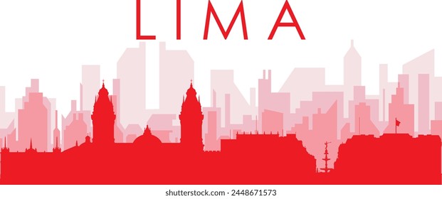 Afiche panorámico rojo del horizonte de la ciudad con el fondo transparente brumoso rojizo de los edificios de LIMA, PERÚ