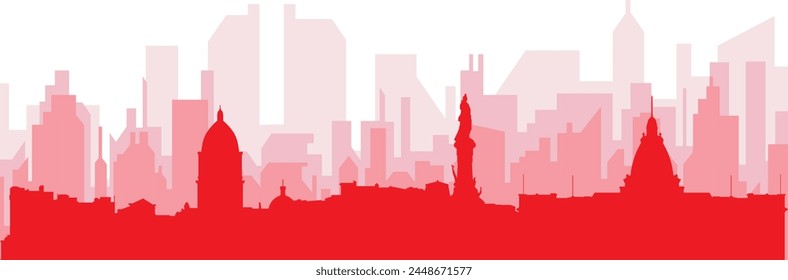 Red panoramic city skyline poster with reddish misty transparent background buildings of LA PAZ, BOLIVIA