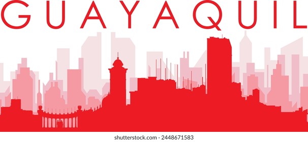 Red panoramic city skyline poster with reddish misty transparent background buildings of GUAYAQUIL, ECUADOR