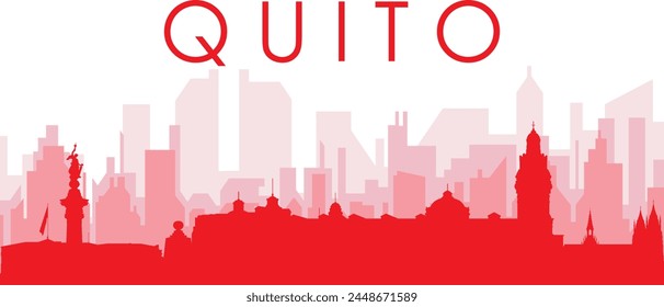 Afiche panorámico de horizonte de la ciudad rojo con fondo rojizo brumoso transparente de los edificios de QUITO, ECUADOR