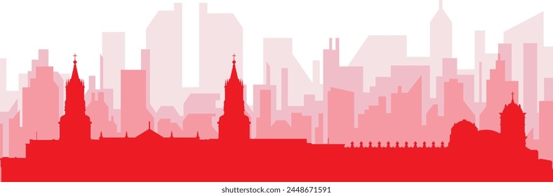 Red panoramic city skyline poster with reddish misty transparent background buildings of AREQUIPA, PERU