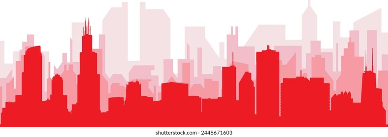 Red panoramic city skyline poster with reddish misty transparent background buildings of CHICAGO, UNITED STATES