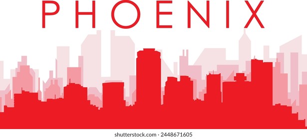 Red panoramic city skyline poster with reddish misty transparent background buildings of PHOENIX, UNITED STATES